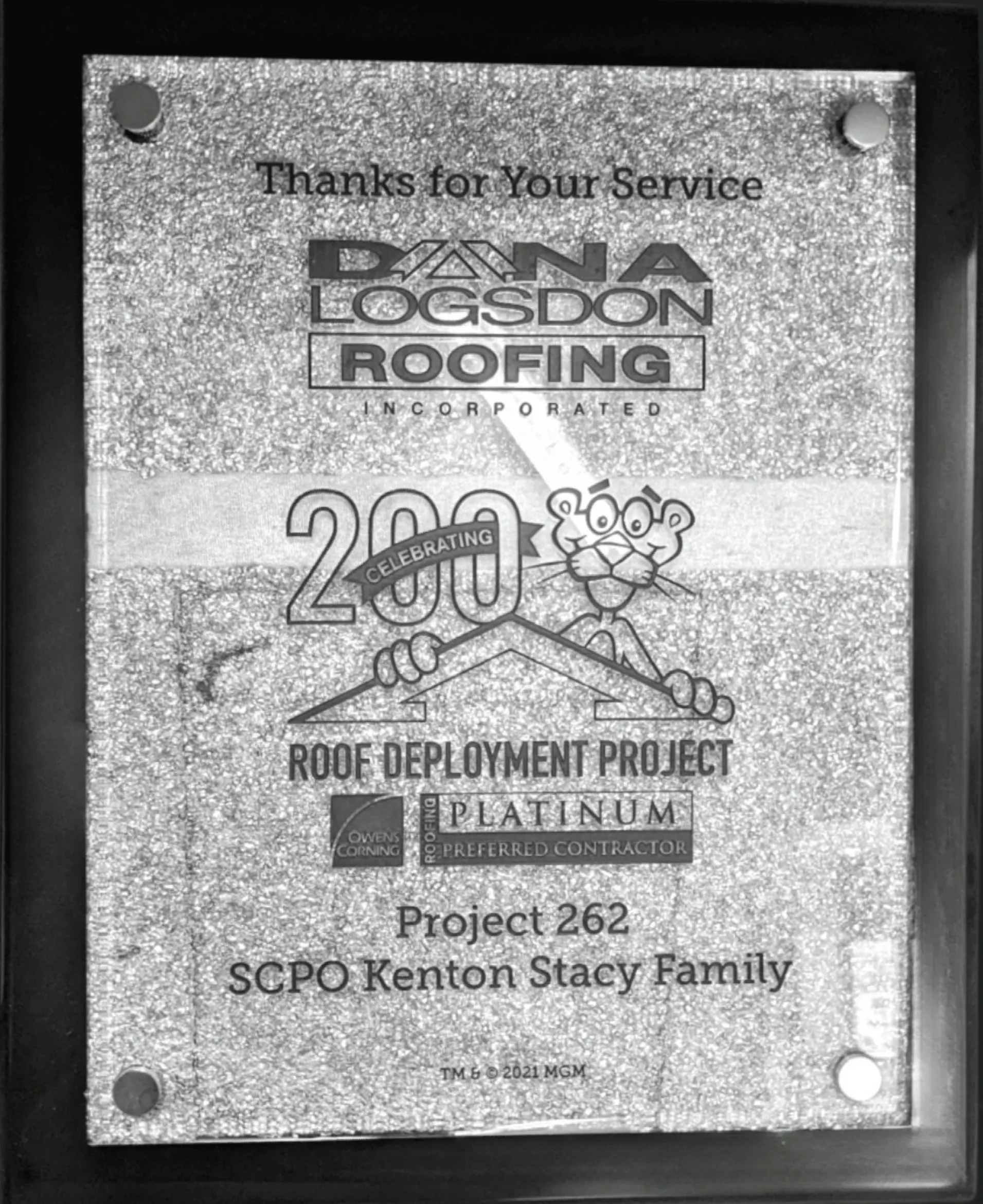 Dana Logsdon Roofing Certificate